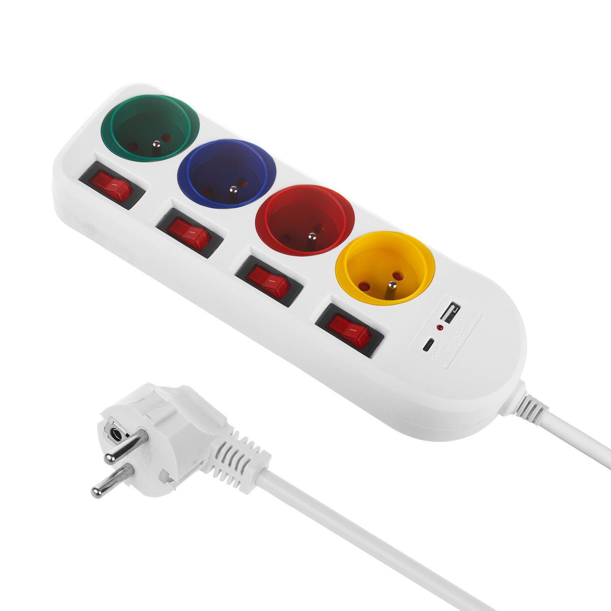 Macleen maitinimo juosta, 4 lizdų ir USB A / C pratęsiklis, su jungikliais, 250VAC/10A, 1,5 m, balta, MCE508 W - gaukdaugiau.lt