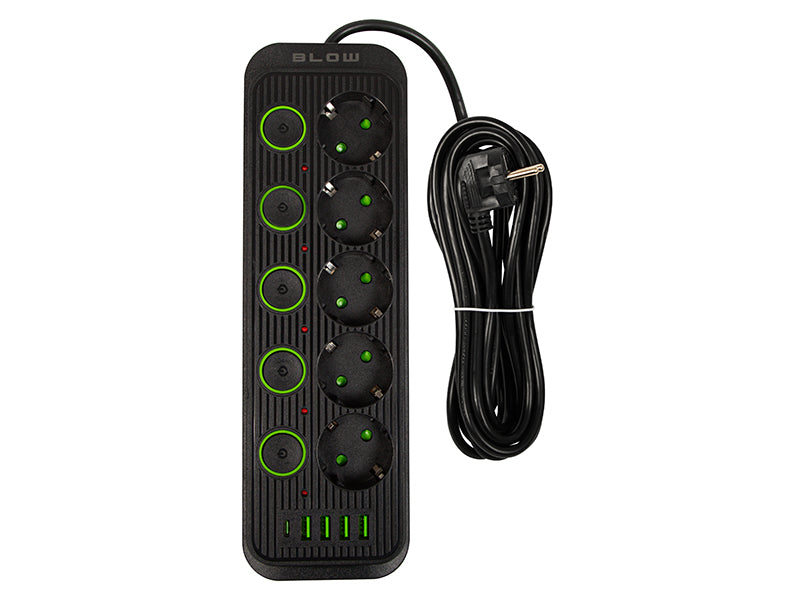98-209# Tinklo pratęsėjas PS-550S 5-lizdų 4xUSB 1xUSB-C 5m juodas 3x1mm - gaukdaugiau.lt