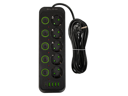 98-209# Tinklo pratęsėjas PS-550S 5-lizdų 4xUSB 1xUSB-C 5m juodas 3x1mm - gaukdaugiau.lt