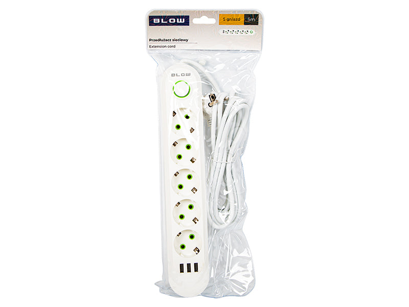 98-231# Tinklo pratęsiklis ps-550 5-lizdų 3xusb 5m baltas 3x1mm - gaukdaugiau.lt