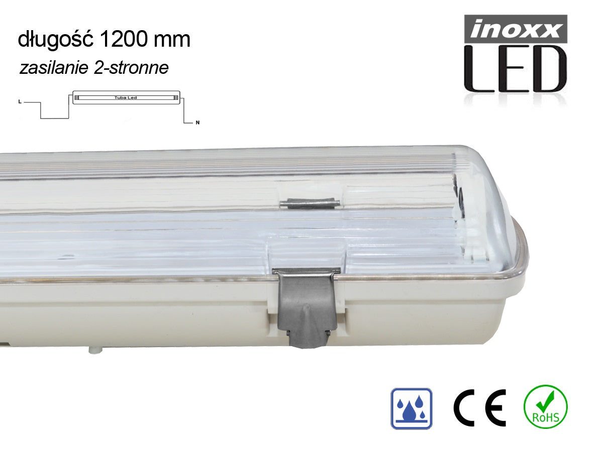 Hermaetiškas pramoninis IP65 LED apšvietimo korpusas 1x120cm T8 G13 dvipusis maitinimas - gaukdaugiau.lt