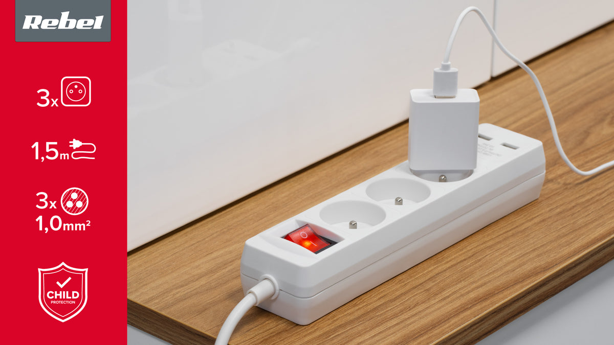 Tinklo laido pratęsiklis PremiumLine 3 lizdai + 2 USB lizdai su jungikliu - 1,5 m - gaukdaugiau.lt