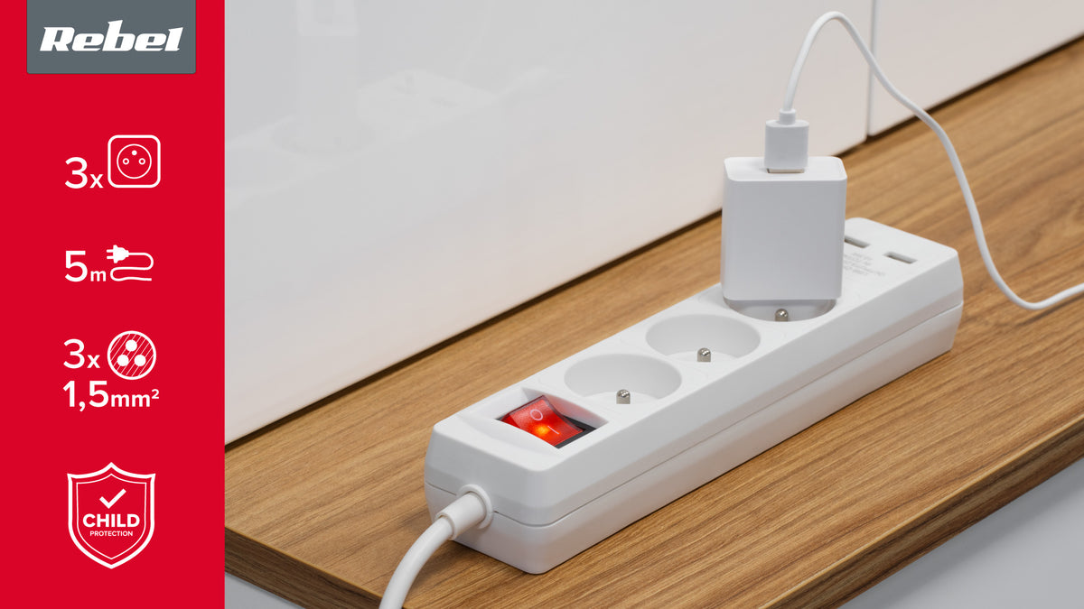 Tinklo pratęsėjas PremiumLine 3 lizdai + 2 USB lizdai su išjungikliu - 5m - gaukdaugiau.lt