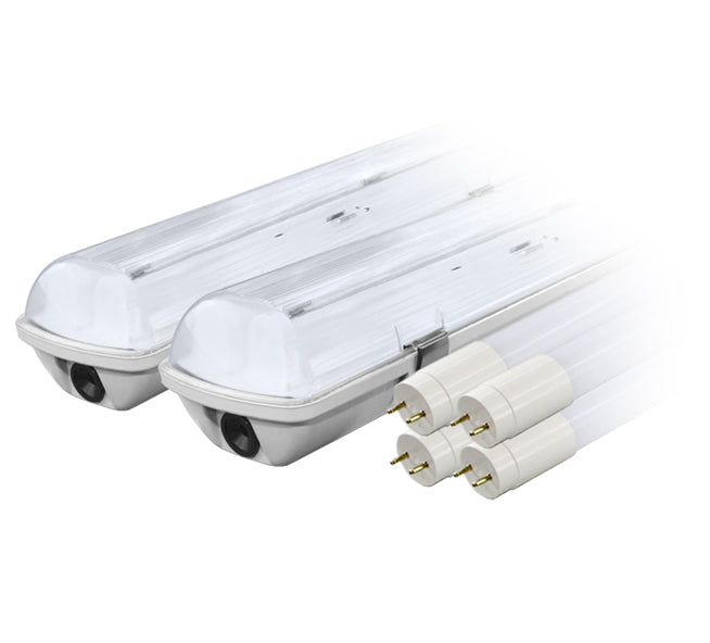 Rinkinys: 2x hermetiška lempos korpusas LED IP65 + 4x LED lempa 120cm 18W T8 4000K G13 neutrali - gaukdaugiau.lt